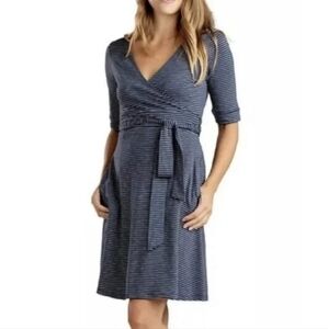 🌿 Toad & Co Waters Eco Navy and White Striped Wrap Cafe Sleeve Casual Dress